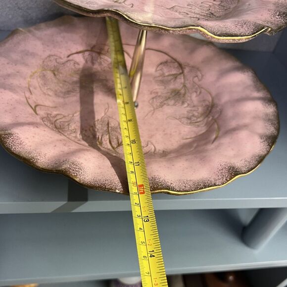 VTG California Pottery #719 Pink Leaf Dish Gold Trim + MCM Pink Gold 2 Tier Tray - Picture 11 of 16